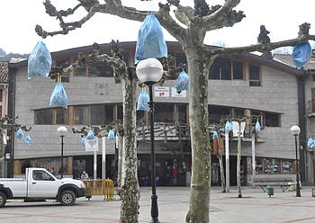 Zabor poltsak, udaletxe aurreko plaza, adarretatik zintzilik. 