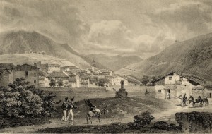 Urretxuko hiribilduaren ikuspegia, Zumarraga aldetik, 1823an. Napoleon igaro eta 15 urtera.